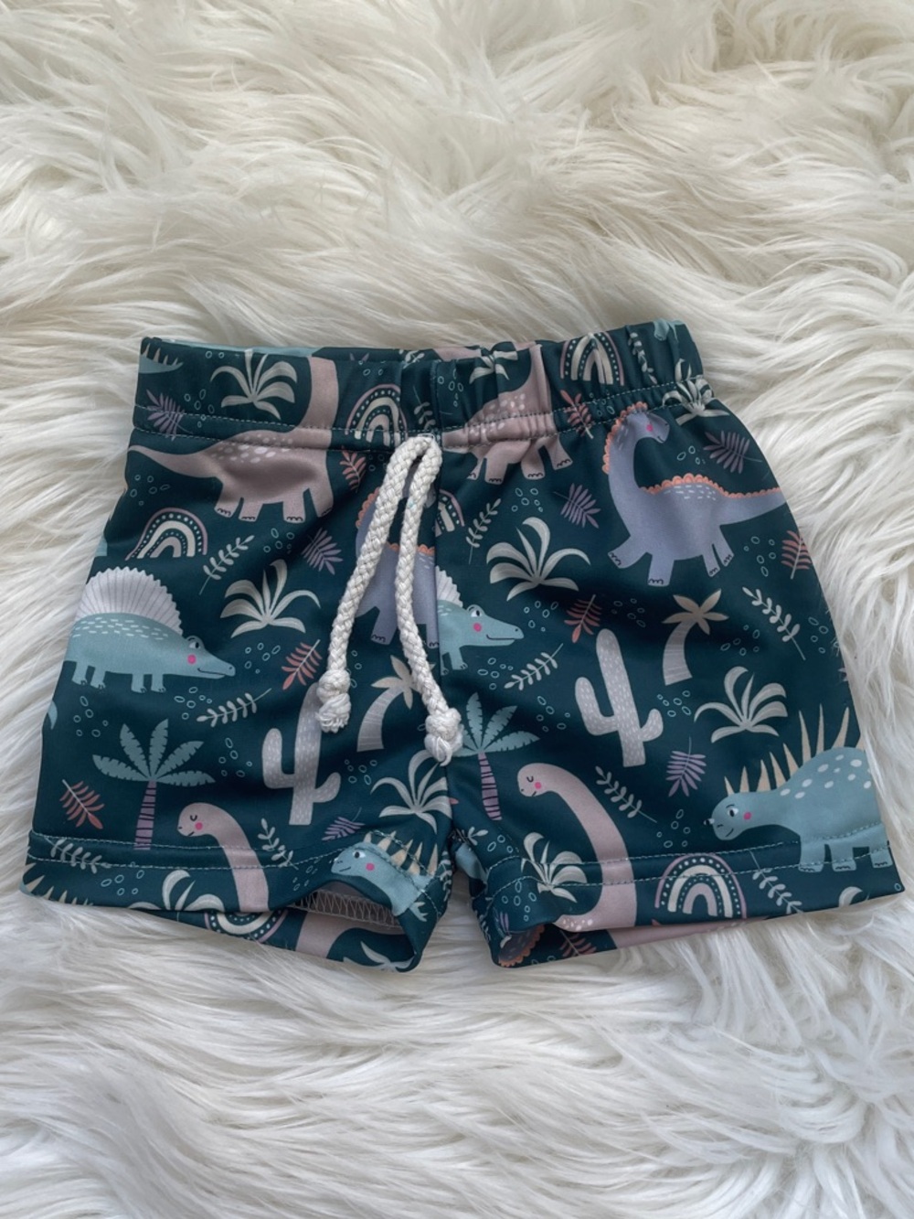Kids Swim Trunks with Dinosaur Print - Teal